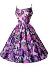 Vintage 1950s Lilac and Purple Roses Polished Cotton Dress - New!