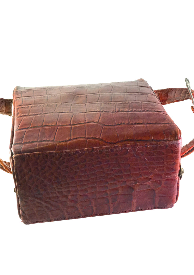 Maroon Leather Embossed Vintage Bags Top Handle Crossbody Purse