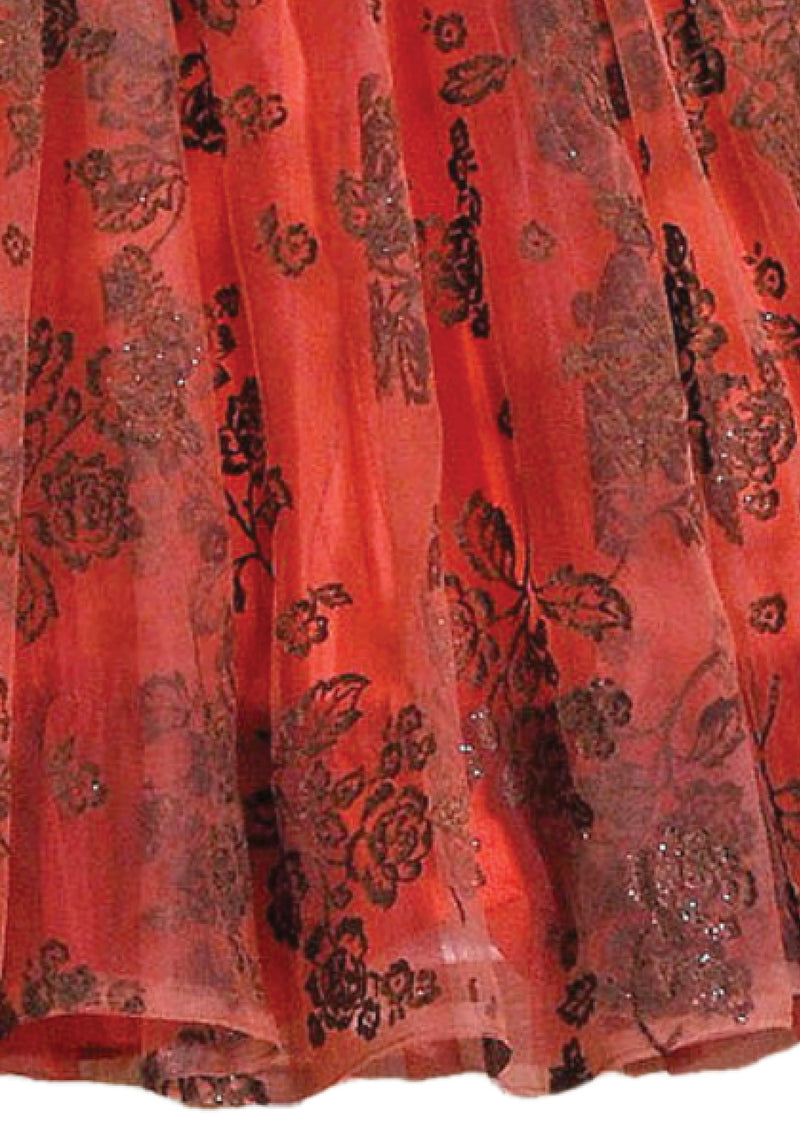 Vintage 1950s Brick Red Flocked Designer Party Dress