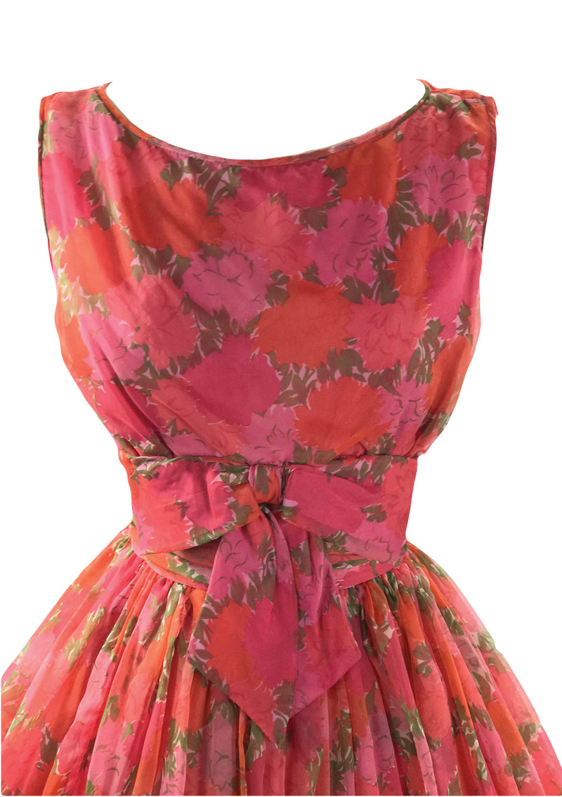 Vintage 1950s Watermelon Red Roses Chiffon Party Dress - New!