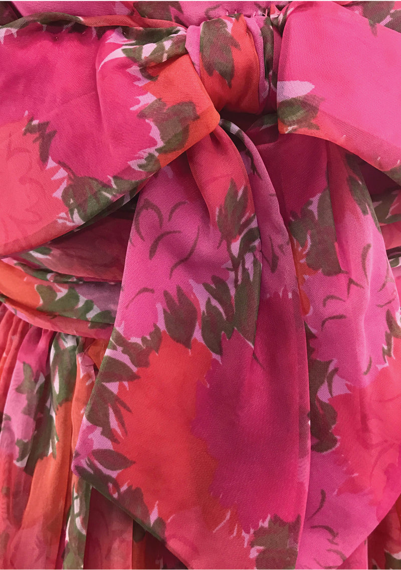 Vintage 1950s Watermelon Red Roses Chiffon Party Dress - New!