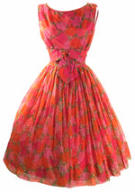 Vintage 1950s Watermelon Red Roses Chiffon Party Dress - New!