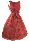 Vintage 1950s Watermelon Red Roses Chiffon Party Dress - New!