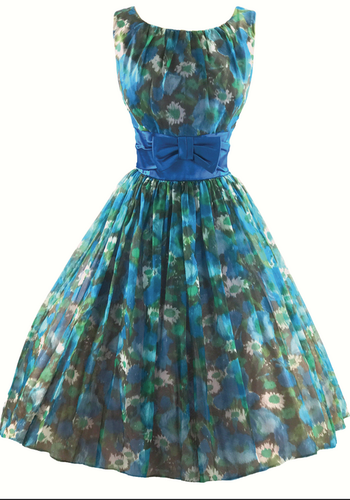 Vintage 1950s Blue Floral Chiffon Party Dress - New! (SOLD)