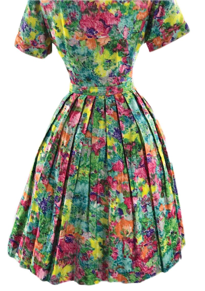 1960s Green Multi Coloured Floral Polished Cotton Day Dress - New!