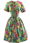 1960s Green Multi Coloured Floral Polished Cotton Day Dress - New!