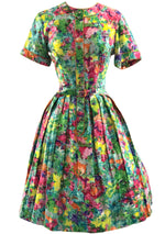 1960s Green Multi Coloured Floral Polished Cotton Day Dress - New!