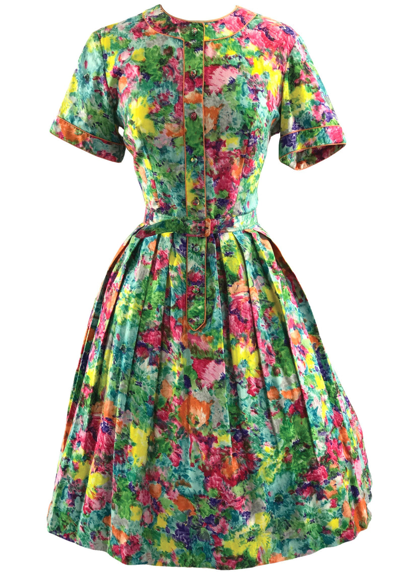 1960s Green Multi Coloured Floral Polished Cotton Day Dress - New! Coutura Vintage 1960s Green Multi Coloured Floral Polished Cotton Day Dress - New! Coutura Vintage