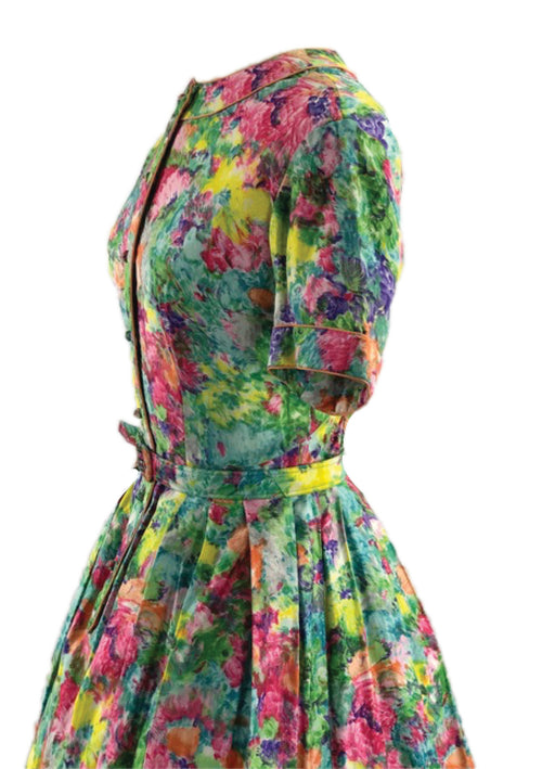 1960s Green Multi Coloured Floral Polished Cotton Day Dress - New!