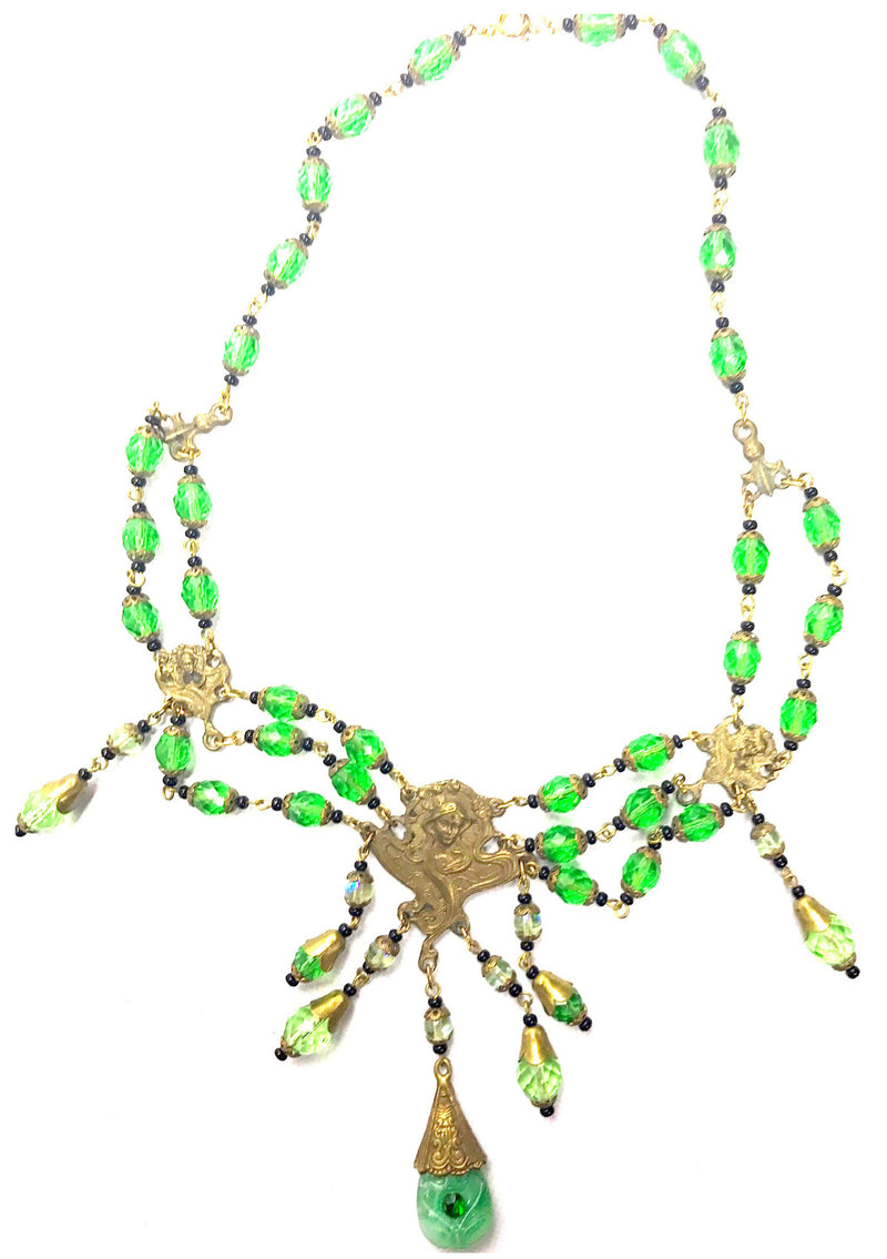 Vintage 1920s Art Nouveau Green Glass Necklace-New!