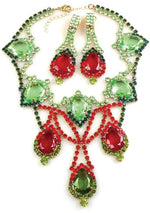 Striking Czech Peridot and Ruby Necklace & Earrings - New!