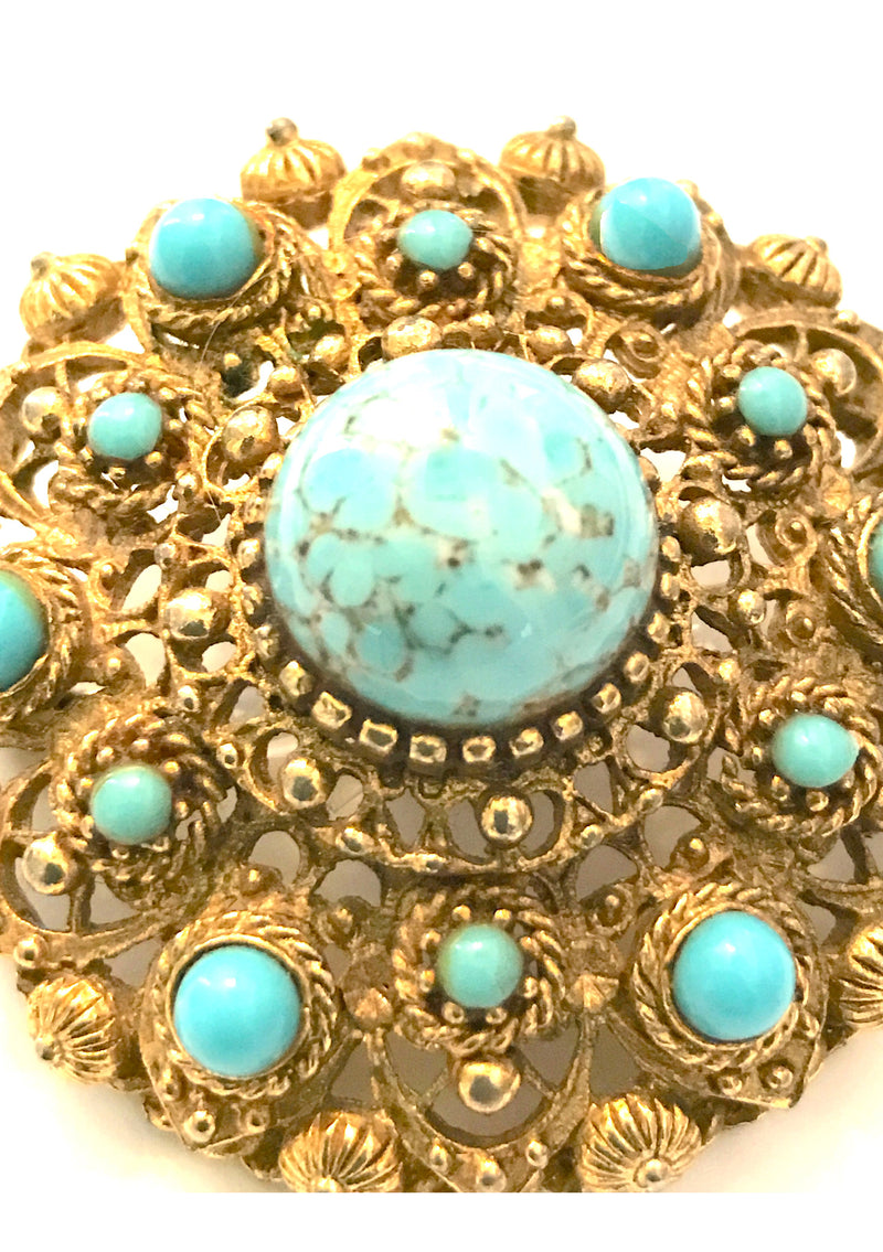 Exquisite Vintage 1940s Turquoise Blue Round Brooch- New!