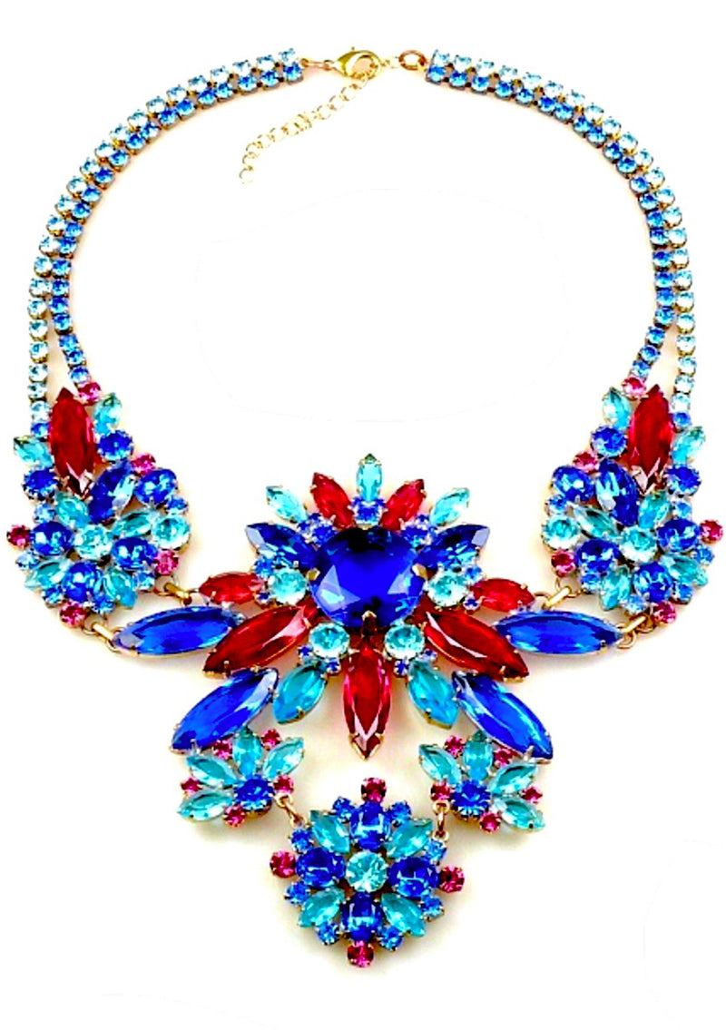 Spectacular Sapphire and Ruby Glass Crystal Czech Necklace