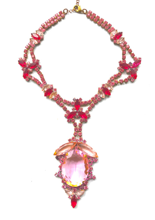 Tourmaline Pink Large Central Drop Czech Necklace