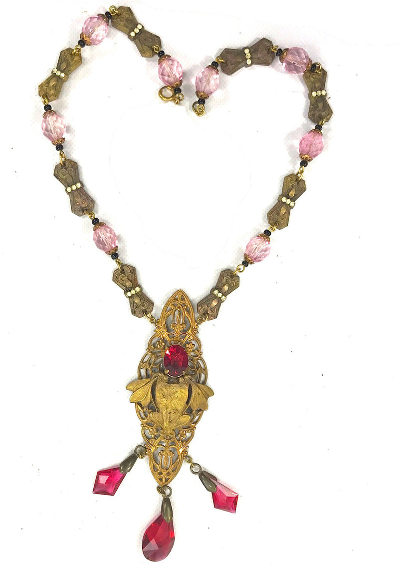 Vintage 1920s Art Nouveau Pink Glass Necklace - New!