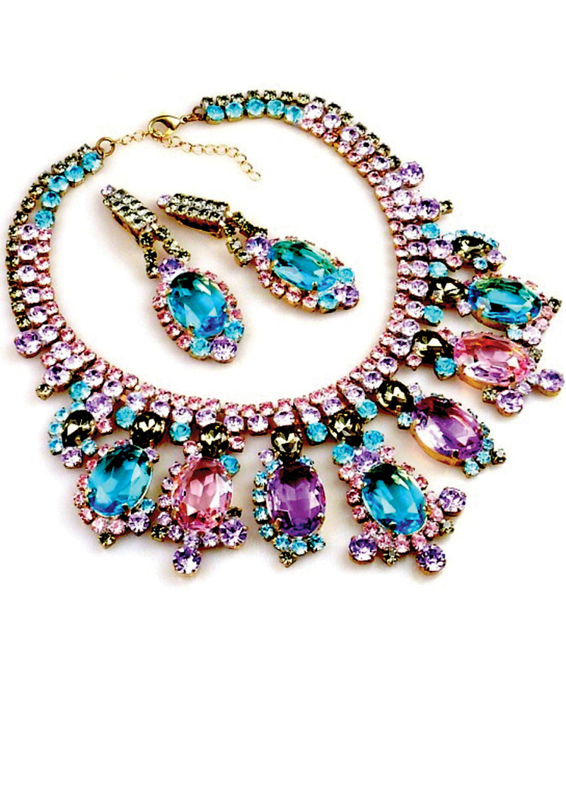 Pink, Blue and Lilac Necklace & Earrings Set - New