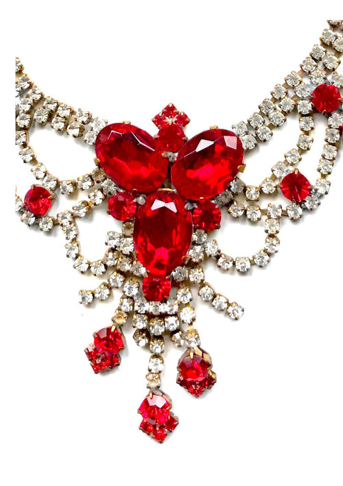 Vintage Ruby Red and Clear Czech Rhinestone Necklace - New!