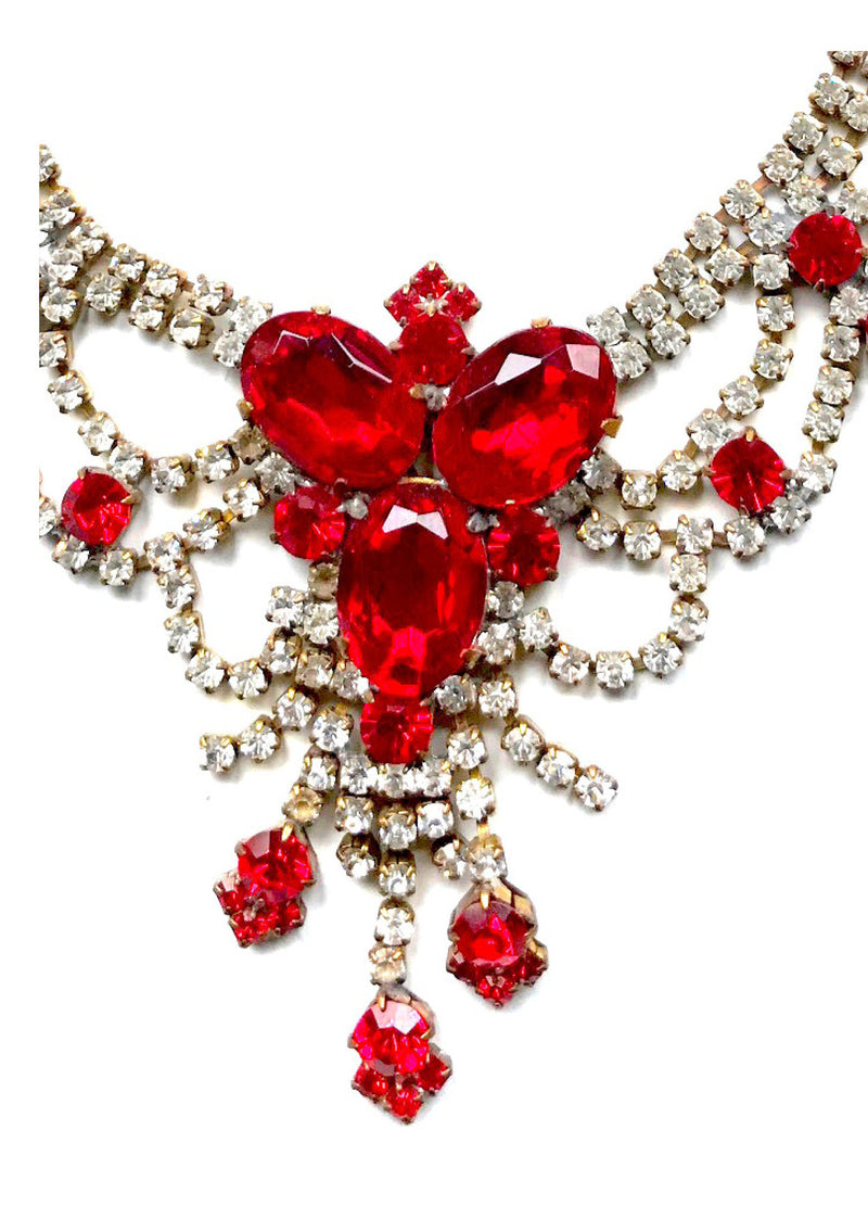 Vintage Ruby Red and Clear Czech Rhinestone Necklace New