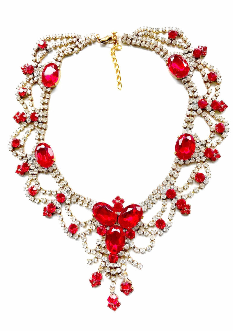 Vintage Ruby Red and Clear Czech Rhinestone Necklace - New!