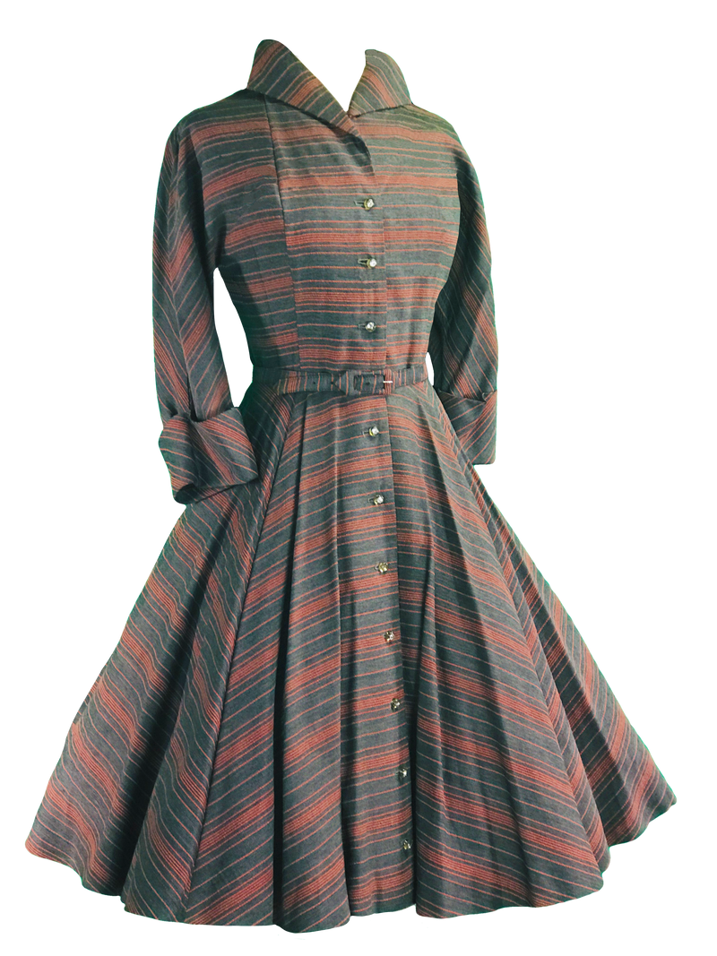 Late 1940s Early 1950s Grey & Pink Chevron Stripe Dress- New!