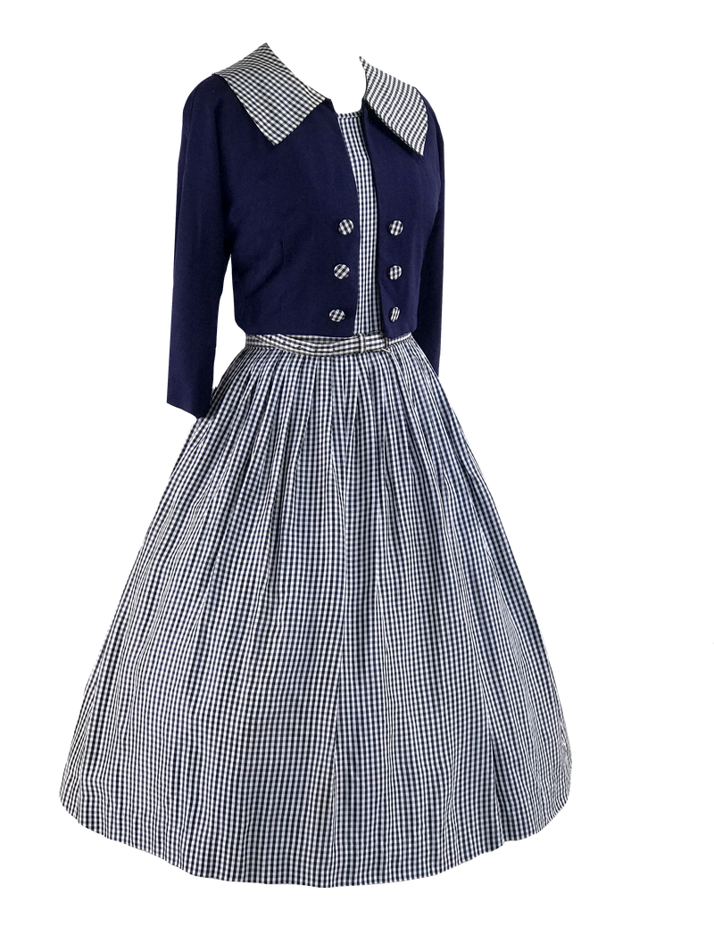 Vintage 1950s Navy & White Gingham Dress Ensemble- New!