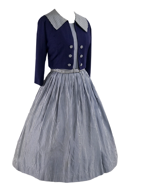 Vintage 1950s Navy & White Gingham Dress Ensemble- New!