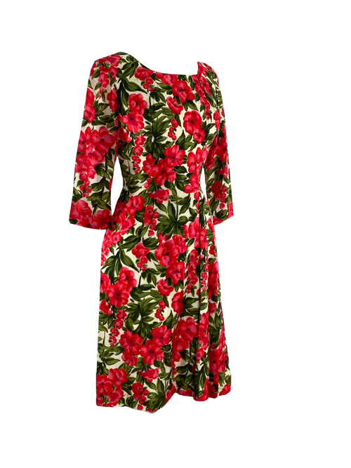 Early 1960s Quality Red Floral Silk Dress- New!