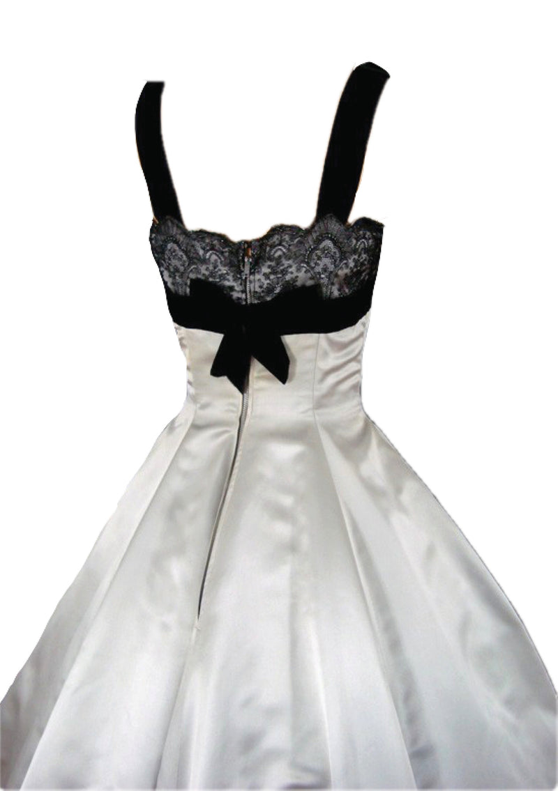 Vintage 1950s Silver Satin & Black Lace Party Dress Ensemble