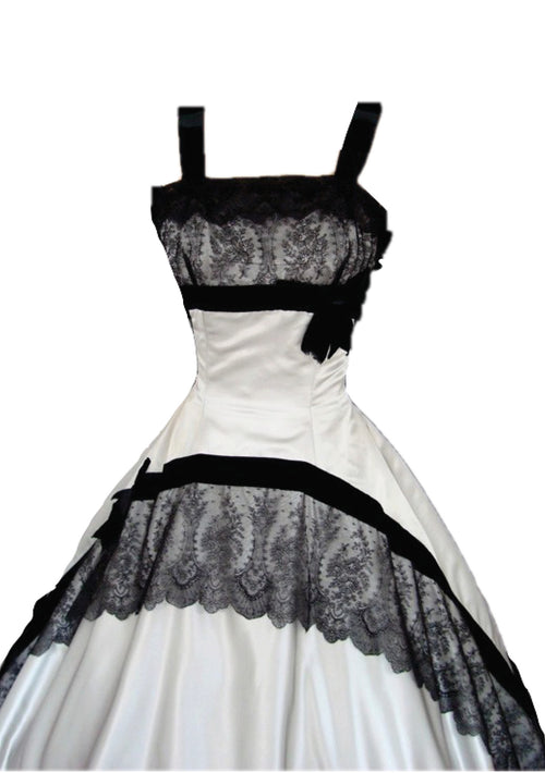 Vintage 1950s Silver Satin & Black Lace Party Dress Ensemble