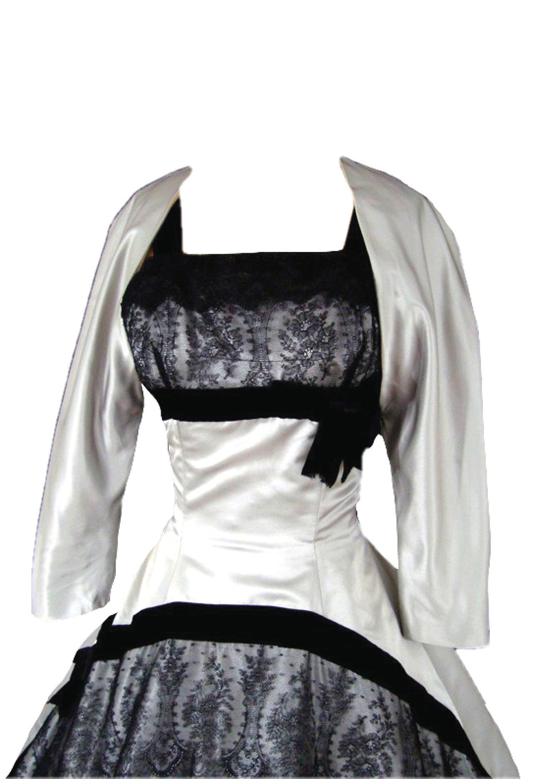 Vintage 1950s Silver Satin & Black Lace Party Dress Ensemble