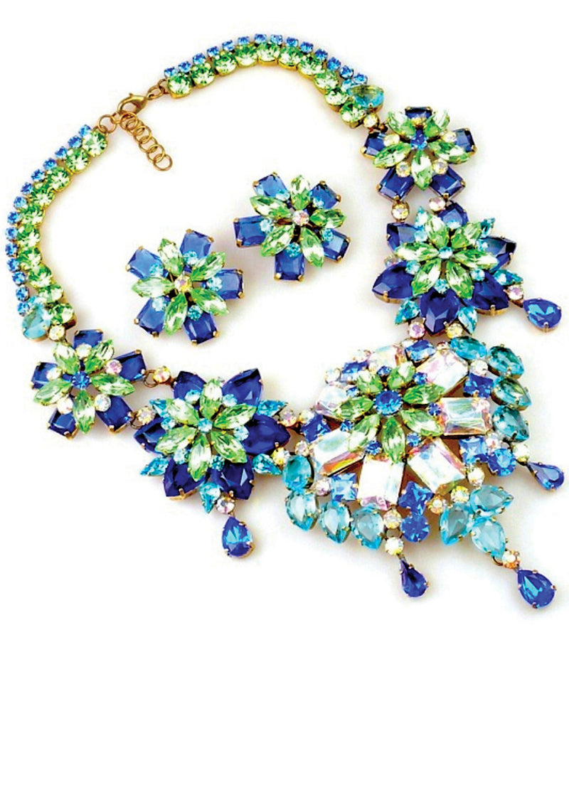 Blue Green Glass AB Necklace & Earrings Set - New