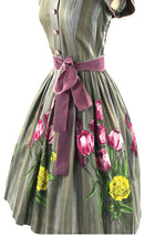 Vintage 1950s Pink & Purple Tulips Roses Cotton Day Dress - New!