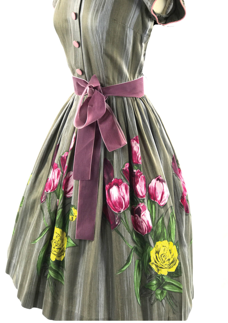 Vintage 1950s Pink & Purple Tulips Roses Cotton Day Dress - New!