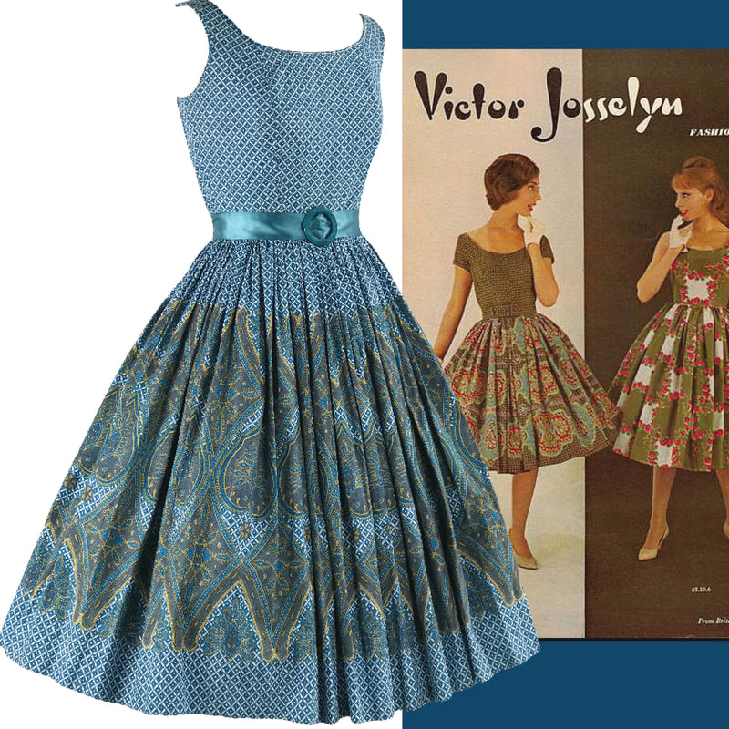 Stunning 1950s Blue Geometric Paisley Border Print Dress- New!
