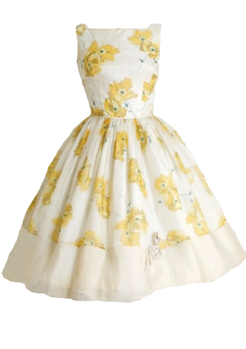 Vintage 1950s Ivory and Yellow Floral Organza Party Dress