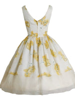 Vintage 1950s Ivory and Yellow Floral Organza Party Dress